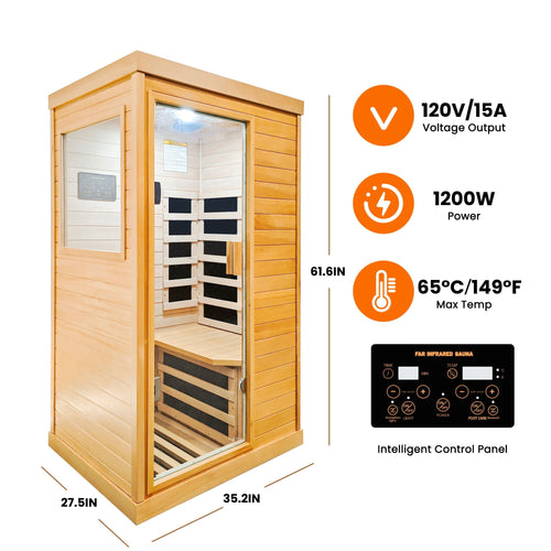 1-Person Infrared Sauna | Hemlock Frame, 6 Heating Plates, Bluetooth & LED Lights